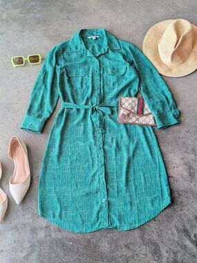 Cabi Kelly Green Button Front Tie Waist Shirt Dress size XS